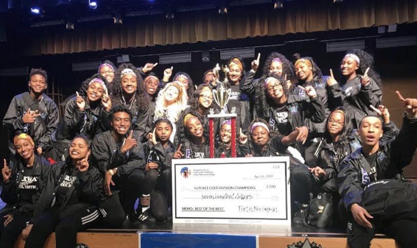 
The Parkway District Step team poses for pictures after finishing in first place. “For both middle school and high school to win was a big relief and a good feeling,” said Fortenberry.
