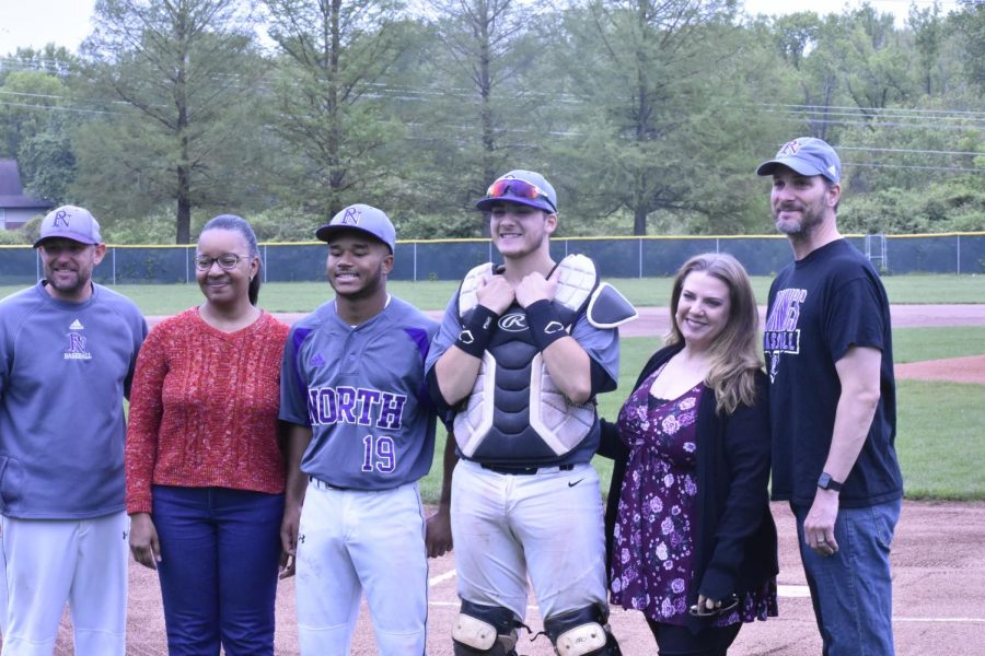 Seniors Lucian Thibodeaux and Jacob Sigler were escorted by their parents and teamed up with varsity coach, coach Mark Reeder during senior night for varsity baseball on May 3, 2019 at 4:15 p.m. at North’s home field. ”Senior season was really good; it was nice to know my teammates and coaches have high expectations of me,” said senior Lucian Thibodeaux.  