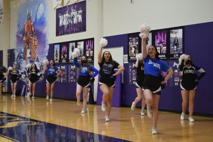 On Tuesday, Feb. 22, varsity cheer and the Vikettes celebrated the end of the season for seniors during Senior Night. Senior cheerleaders and Vikettes wore shirts sporting the colleges they are going to attend after graduation.