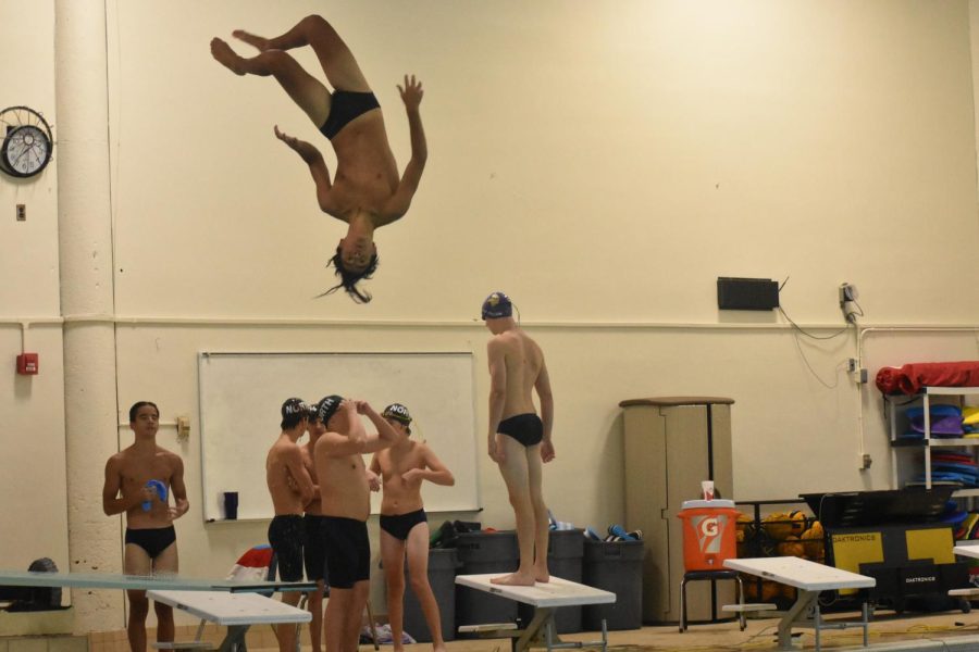 Diver ___ Flies high above the Parkway North Swim team as he warms up for his event.