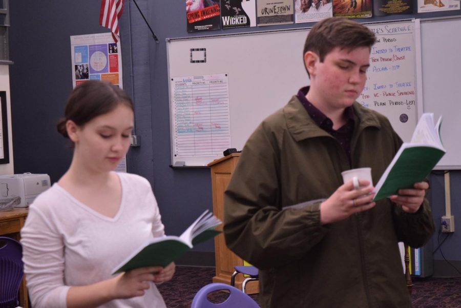Actors Maggie Noble and Matt Andrews rehearsing lines for the show. Memorization is a key part of being an actor, but delivery is also valuable.
