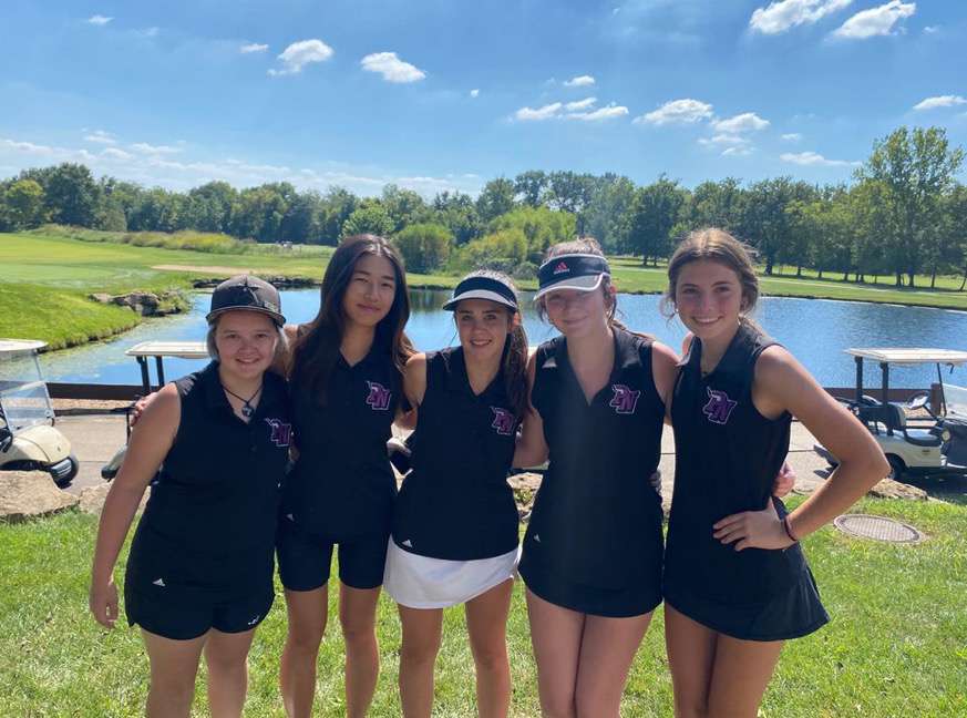 Roman Schadt, Allison Lam, Frederique Weiss, Abby Judge, and Melia Linhardt pose at the Links at Dardenne. Weiss made her second appearance at state this year.