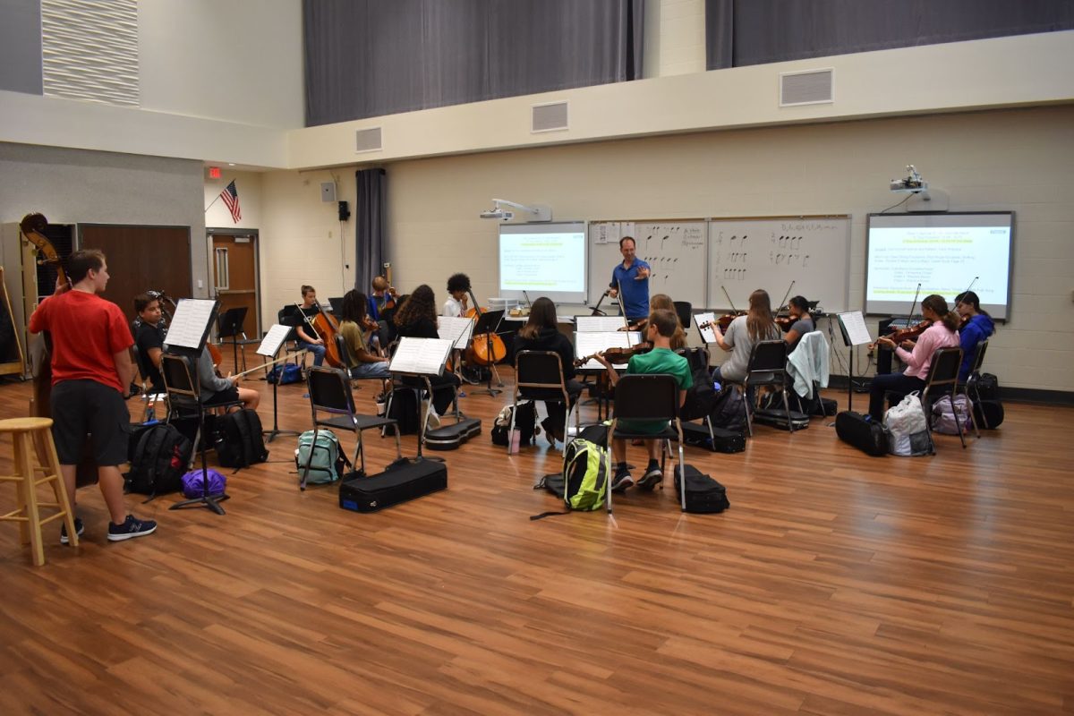 Adam+Wheeler+leads+Concert+Orchestra+1+students+while+they+practice+on+Sept+19.+Wheeler+started+working+at+Parkway+North+this+year+after+Ken+Rapini+retired+from+teaching.