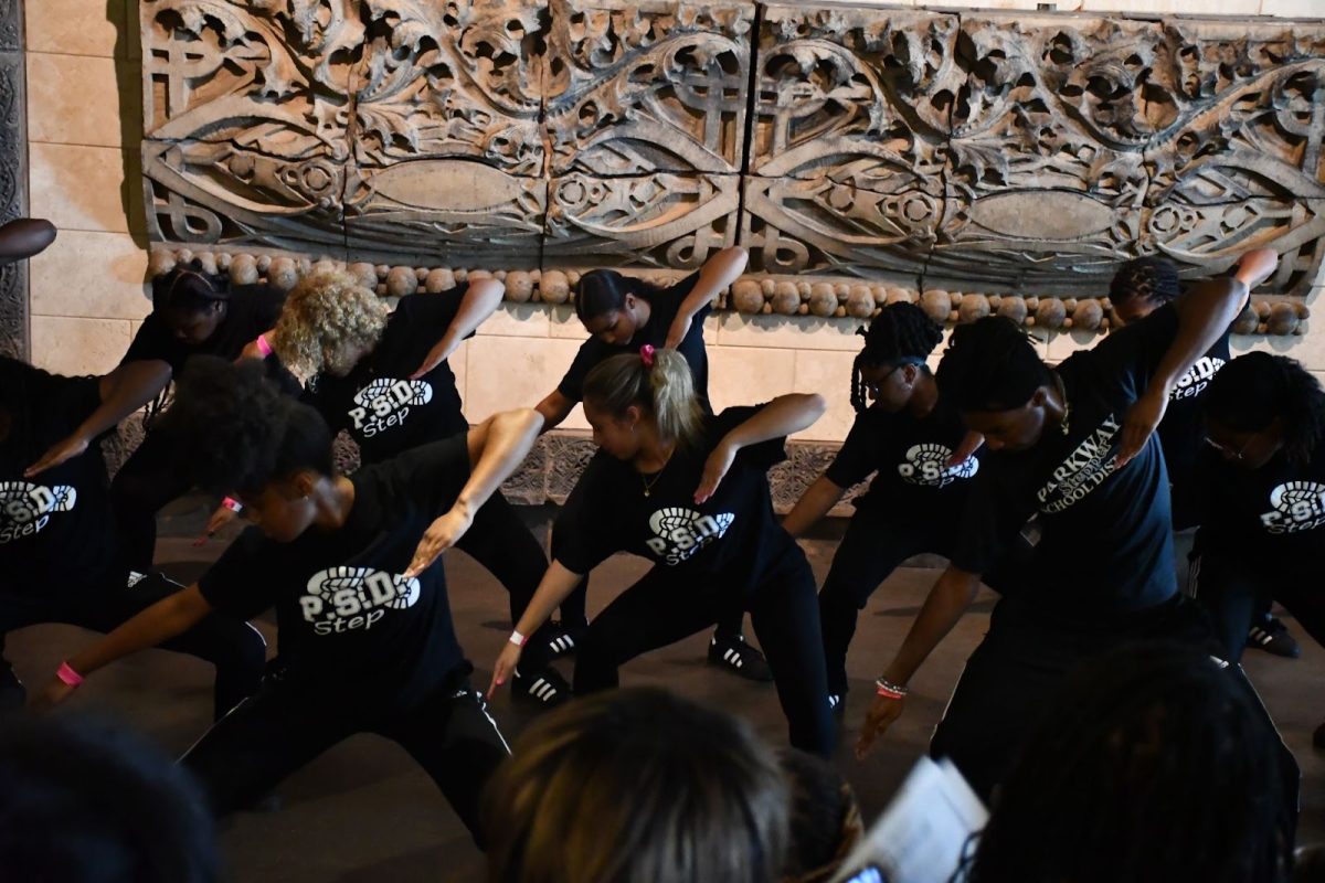 
The high school portion of the Parkway Step Team performs their new routine at the downtown St.Louis City Museum. 
