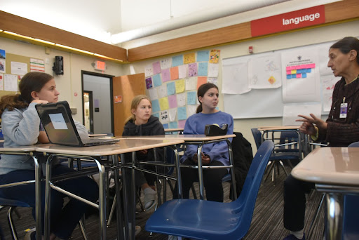 Freshman Chelsea Schuette, Freshman Annalyn Hudson, Freshman Amelia Rejent, and sponsor Wendy Surinsky have a conversation at the second Students Demand Action meeting. They have had two meetings so far, with many more to come.
