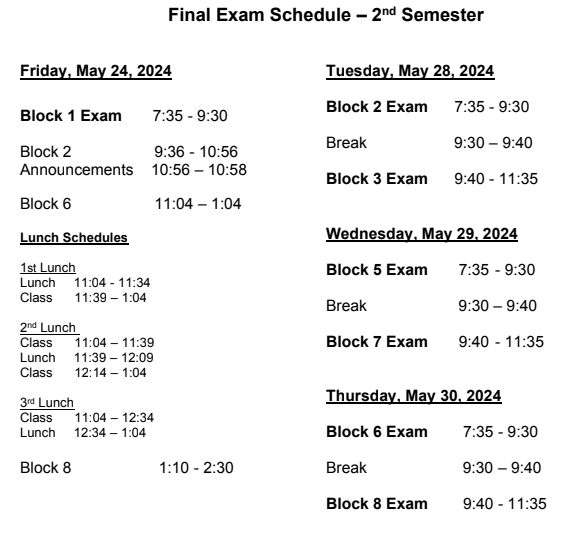The finals schedule grants each block a 2-hour period to complete their exams or projects. Each one occurs on a half-day, except for 1st block, which takes time out of a full even day,