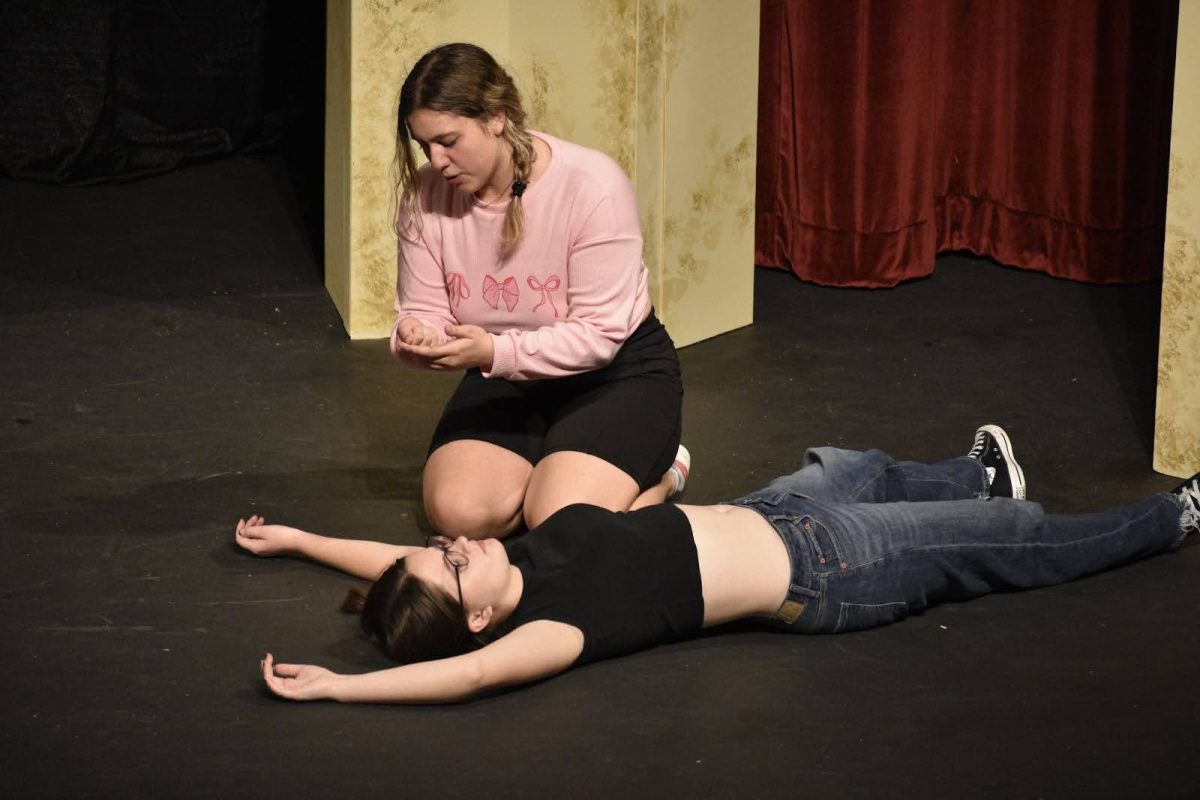 Sophomores Riley Schoene, playing Juliet, and Allison Brady, playing Romeo, are a part of the female cast, rehearsing the famous Romeo and Juliet scene. They will continue switching out characters along with the other actress Felishya Robert Rajajumar until they perform all 38 plays.  
