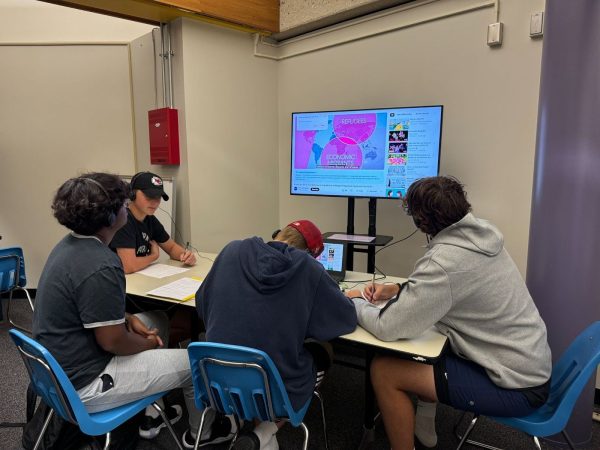 Sophomore Nikhil Rajesh, and freshmen Toby Goodwin, Curtis Marten, and Wayne DeKinder work on an a project for social studies teacher Jeff Kenny’s class. The collaboration zone is used for classes and other activities inside the library. 