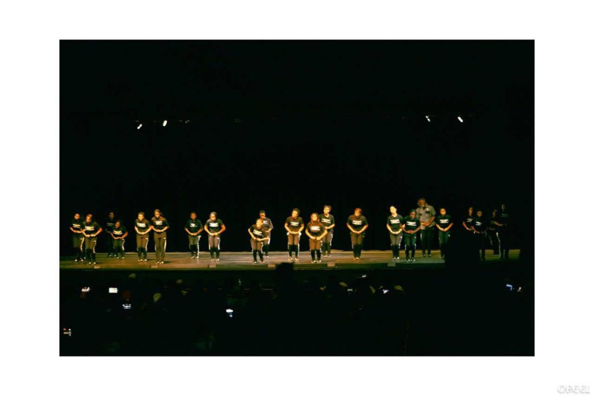 The Parkway North step team performs on stage in Dallas, Texas. They came in second place after a local Texas high school. 