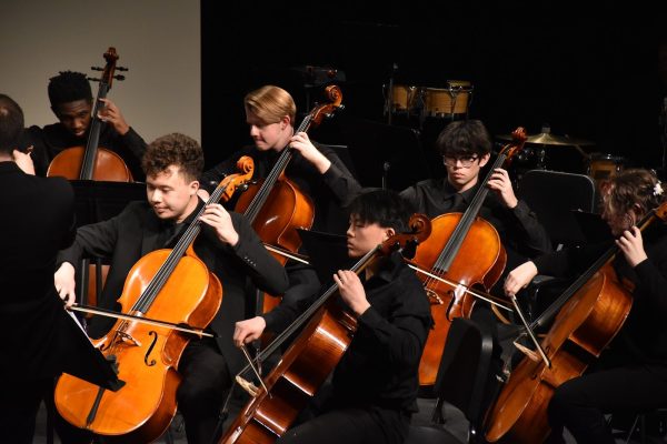 The Cello Section of Parkway North High School’s Symphonic Orchestra plays a piece at their Winter Orchestra Concert of Thursday, Feb. 27 in the theater. Orchestra students played a variety of pieces, from classical pieces to well-known songs from movies.