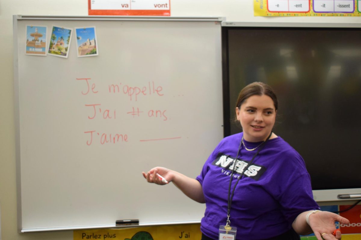 French teacher Laine Johnson teaches basic French phrases, like how to introduce yourself and say how old you are. Johnson is North’s only French teacher, teaching both newcomers to the language and advanced learners.